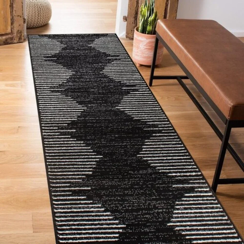 New 2 x 7In Bohemian Stripe Runner Rug, Stain-Resistant for High Traffic Areas